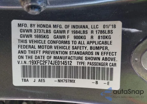 2018 Honda Civic Ex from USA, damaged, VIN 19XFC2F74JE014512